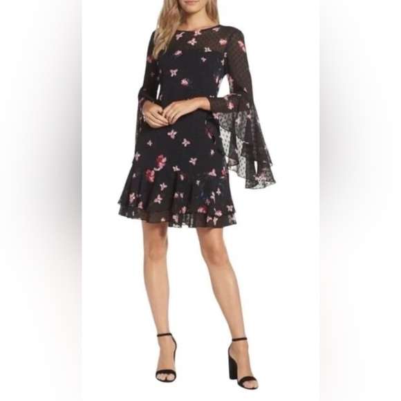 Eliza J Ruffled Black and Pink Floral Dress 2P - Picture 1 of 10